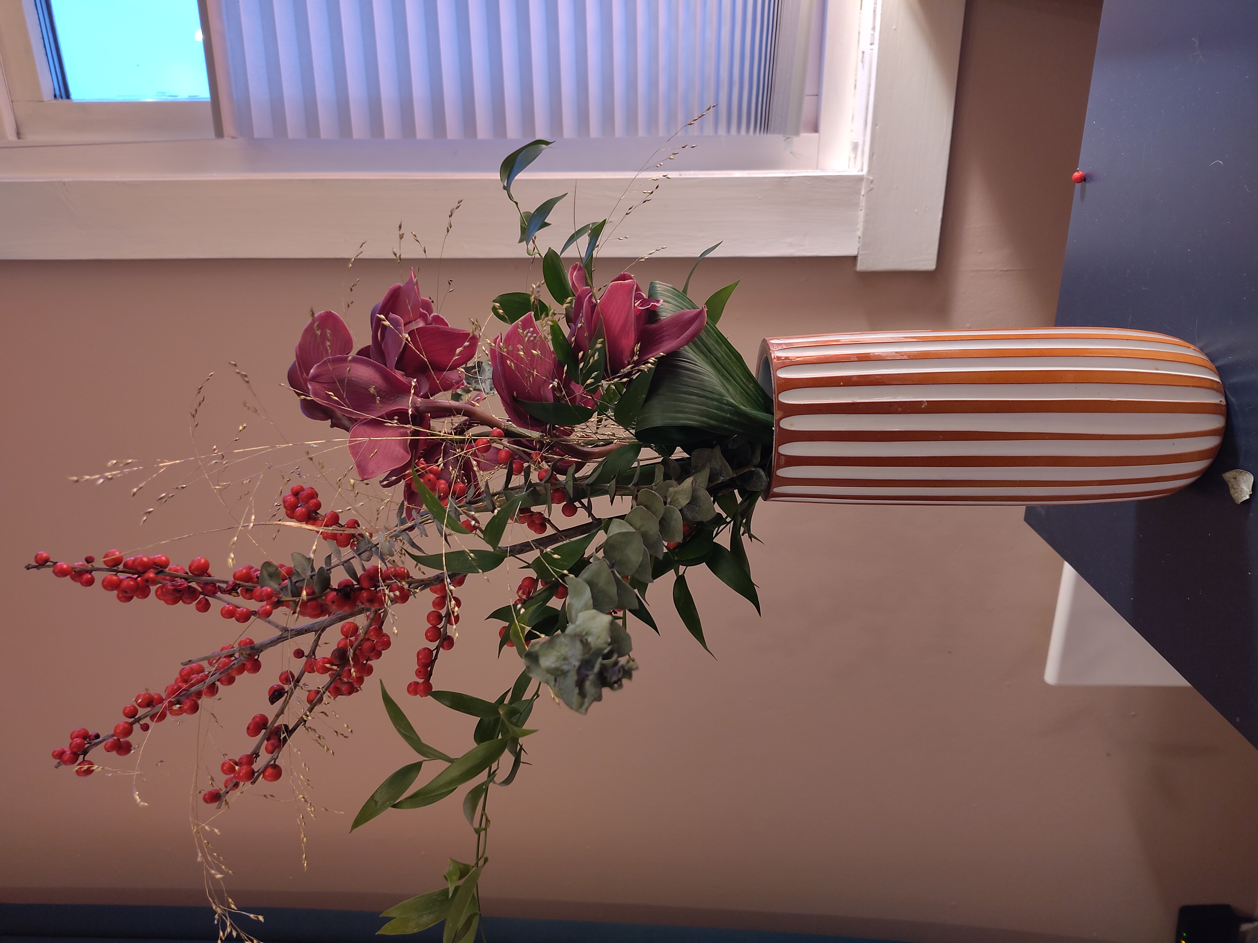 A photo showing flowers I received from my wife on the first day in my new job